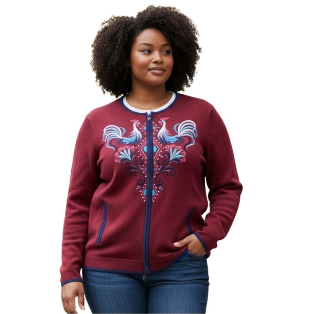 Bob Mackie Wearable Art Full Zip Cardigan Burgundy Navy Embroidered ROOSTERS
